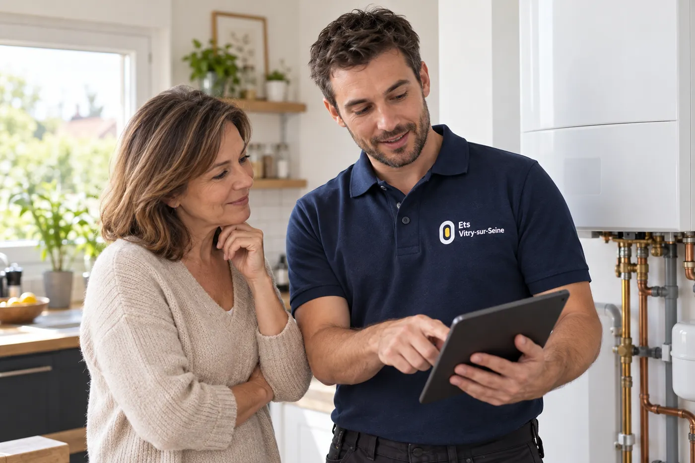 Chauffagiste Ets Vitry-sur-Seine expliquant son diagnostic sur tablette à une cliente, à côté d'une chaudière murale