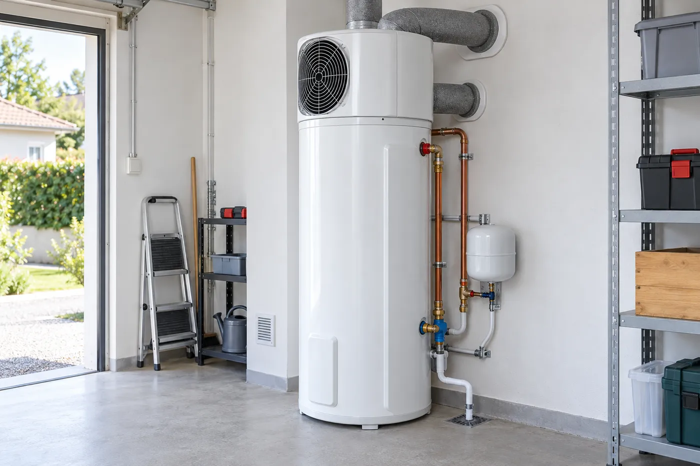 Chauffe-eau thermodynamique sur air extrait installé dans un cellier, gaines raccordées au mur